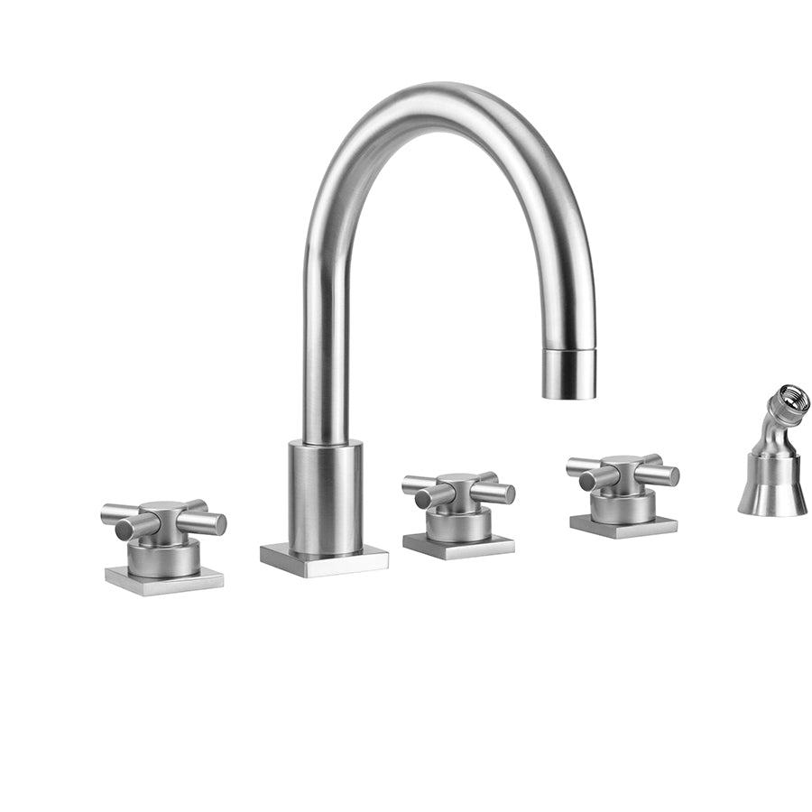 Contempo Uptown Roman Tub Set with Low Contempo Cross Handles - Square Escutcheons and Angled Handshower Holder in Multiple Finishes