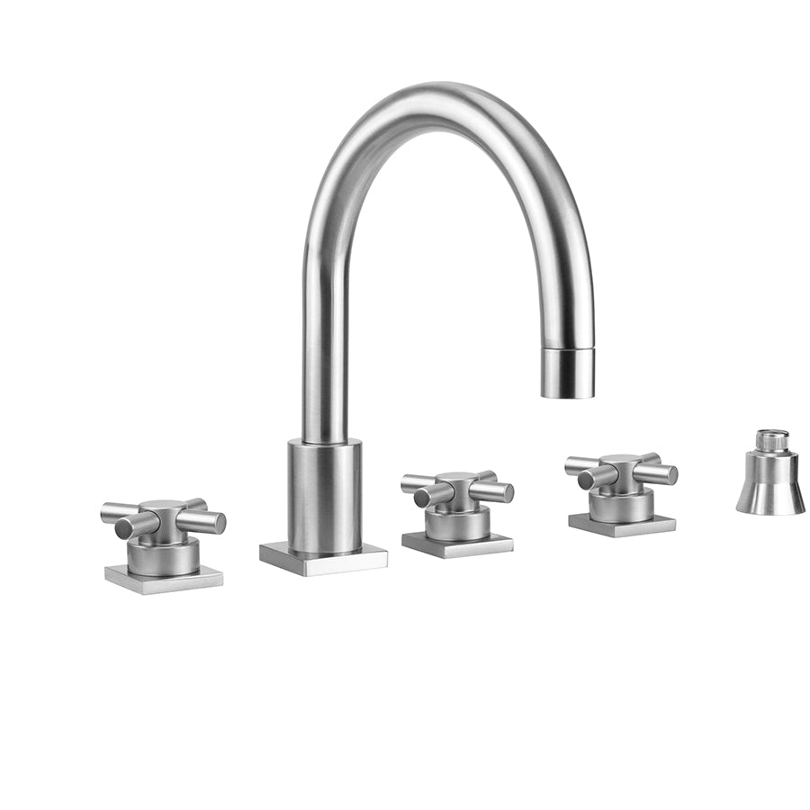 Contempo Uptown Roman Tub Set with Low Contempo Cross Handles - Square Escutcheons and Straight Handshower Holder in Multiple Finishes