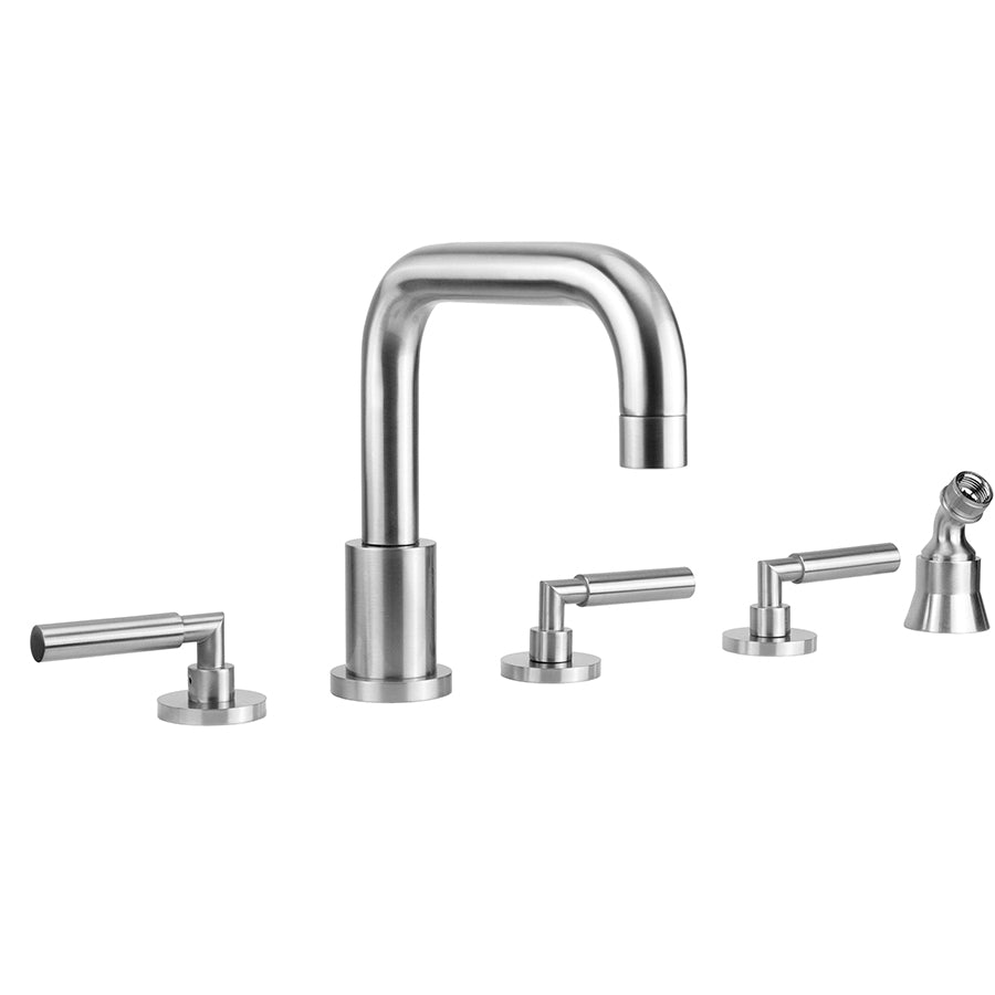 Contempo Downtown Roman Tub Set with Hub Base Lever Handles and Angled Handshower Holder in Multiple Finishes