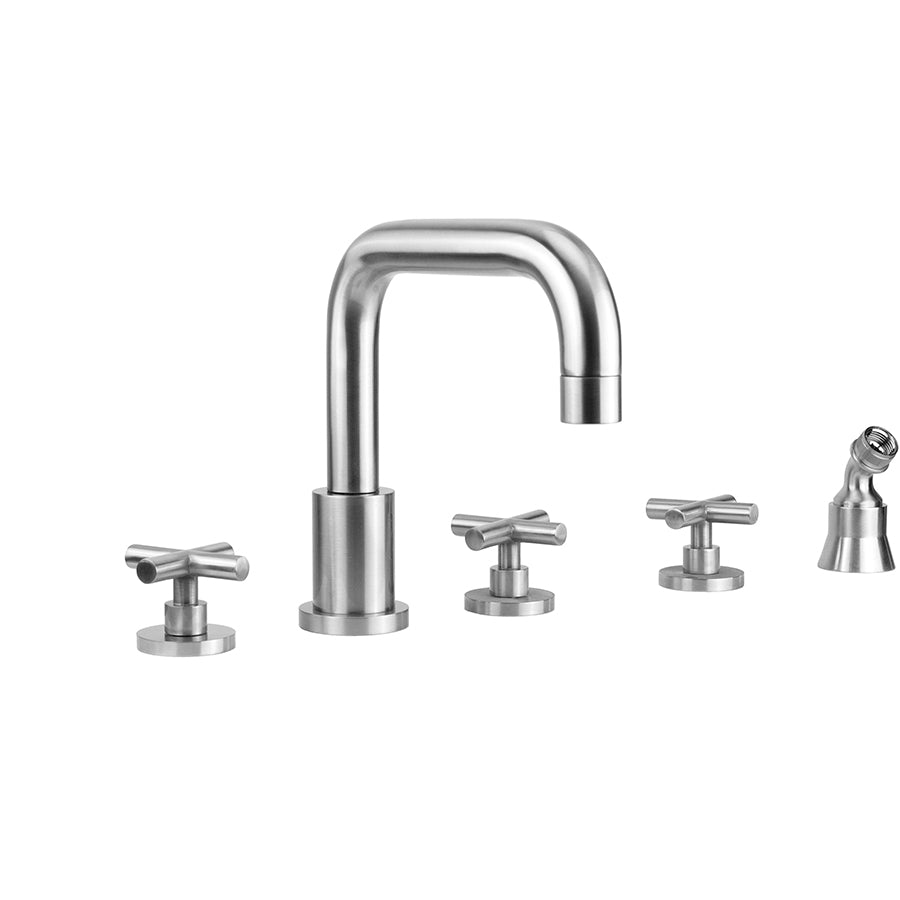 Contempo Downtown Roman Tub Set with Hub Base Cross Handles and Angled Handshower Holder in Multiple Finishes