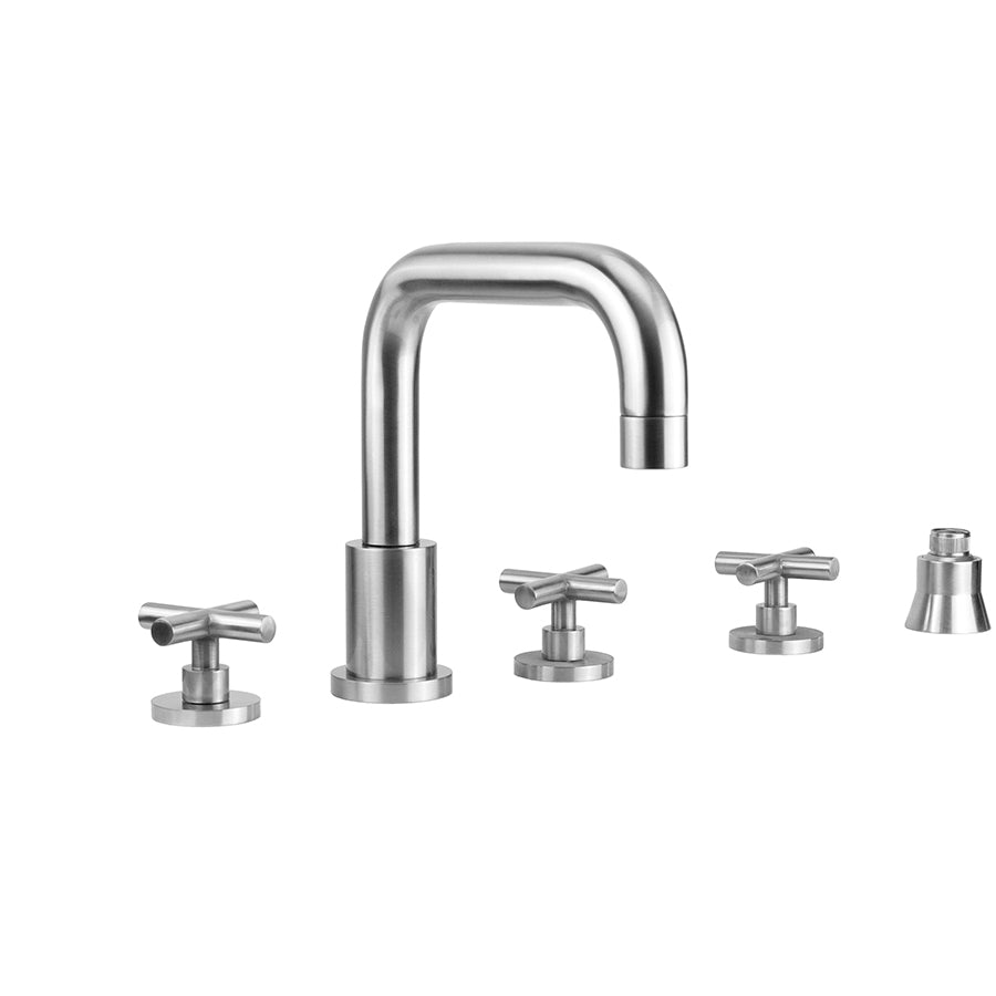 Contempo Downtown Roman Tub Set with Hub Base Cross Handles and Straight Handshower Holder in Multiple Finishes