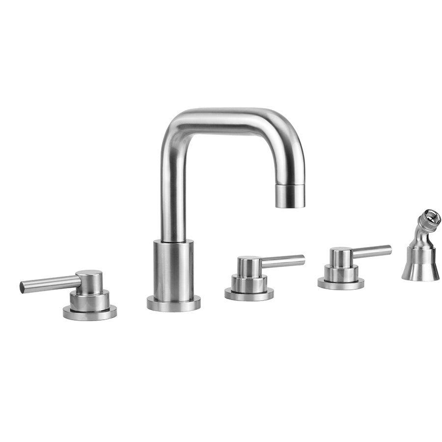 Contempo Downtown Roman Tub Set with Low Contempo Lever Handles and Angled Handshower Holder in Multiple Finishes