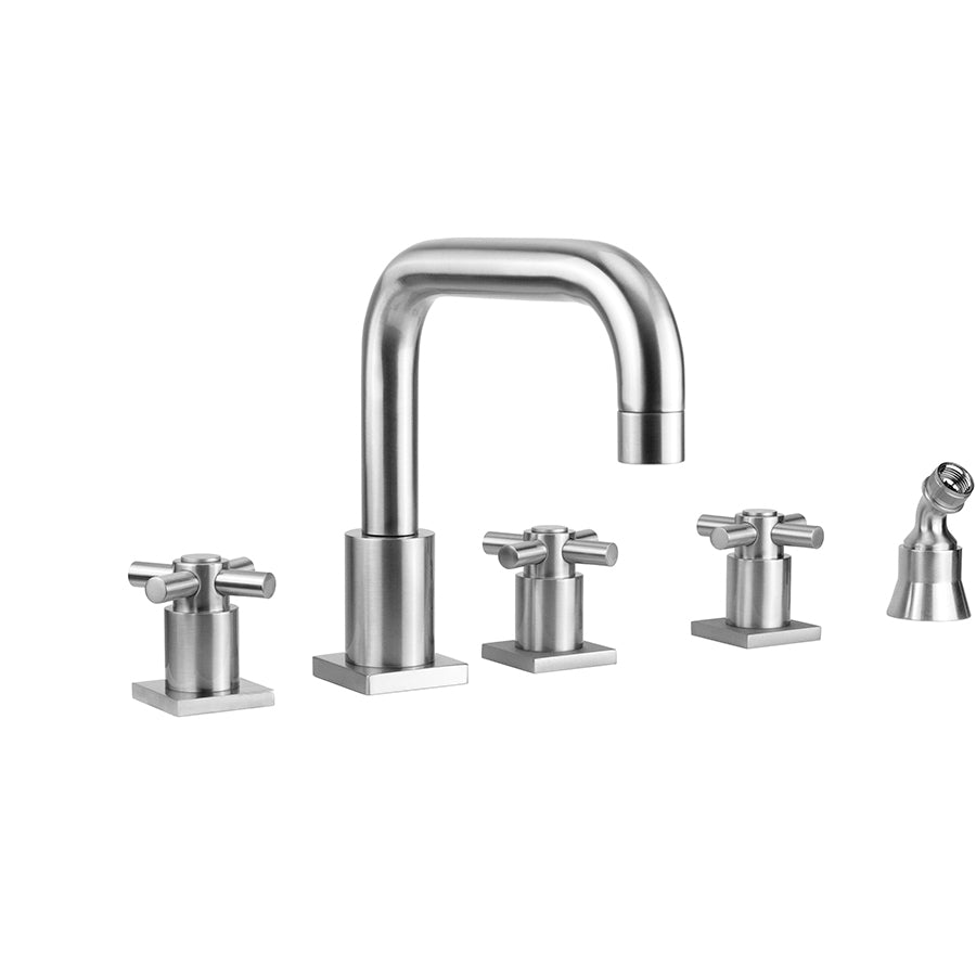 Contempo Downtown Roman Tub Set with Contempo Cross Handles - Square Escutcheons and Angled Handshower Holder in Multiple Finishes