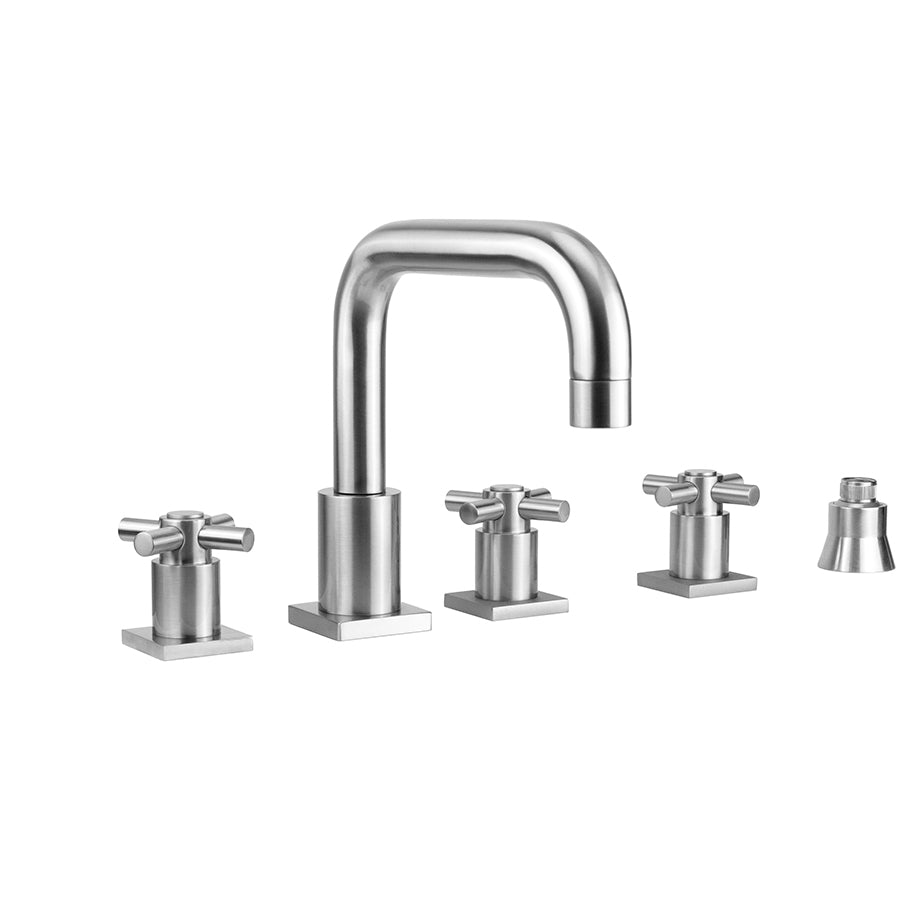 Contempo Downtown Roman Tub Set with Contempo Cross Handles - Square Esctucheons and Straight Handshower Holder in Multiple Finishes