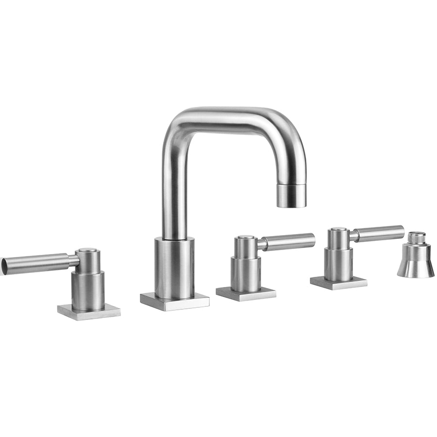 Contempo Downtown Roman Tub Set with High Lever Handles - Square Escutcheons and Straight Handshower Holder in Multiple Finishes