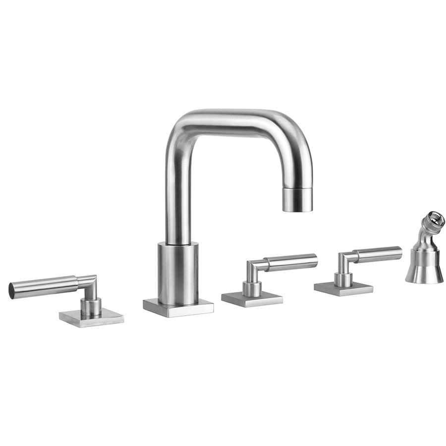 Contempo Downtown Roman Tub Set with Hub Base Lever Handles - Square Escutcheons and Angled Handshower Holder in Multiple Finishes