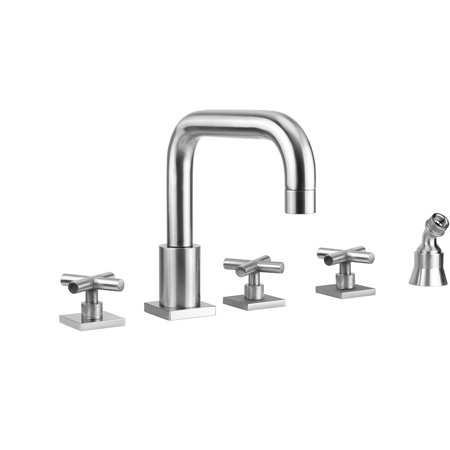 Contempo Downtown Roman Tub Set with Hub Base Cross Handles - Square Escutcheons and Angled Handshower Holder in Multiple Finishes