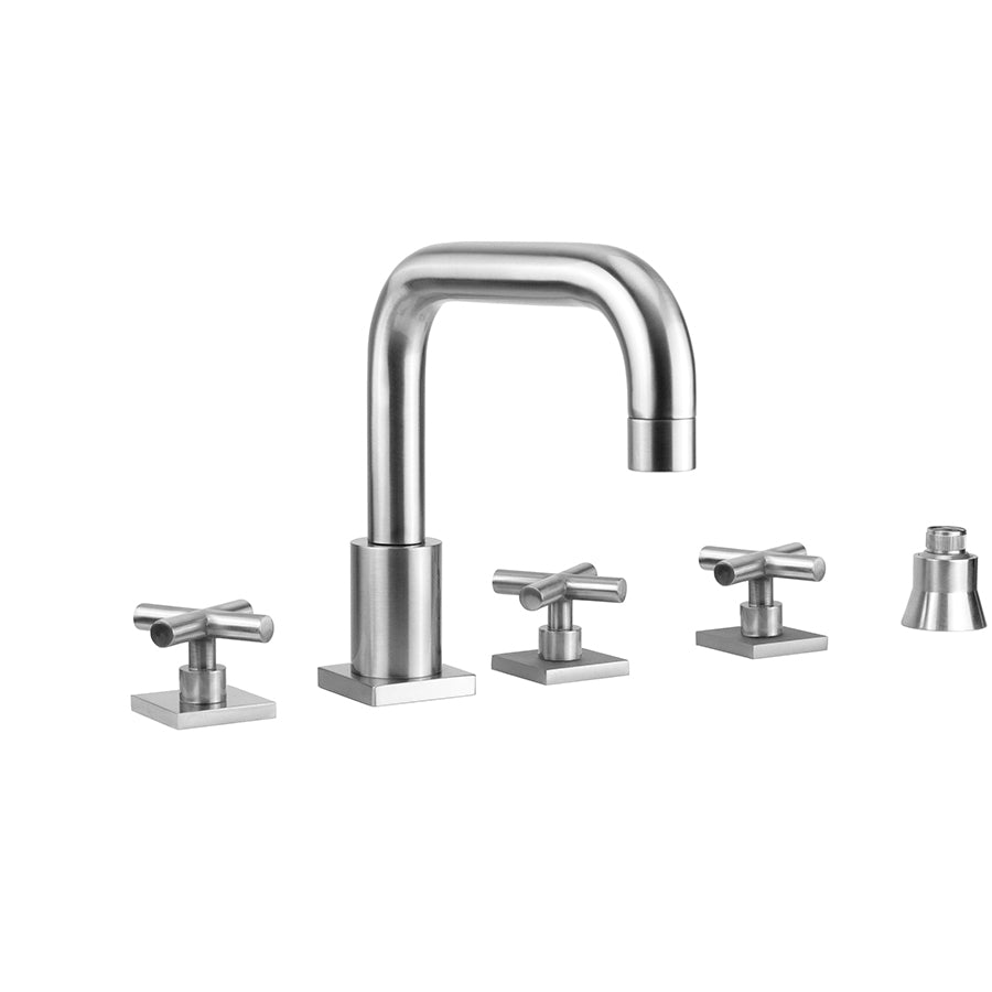 Contempo Downtown Roman Tub Set with Hub Base Cross Handles - Square Escutcheons and Straight Handshower Holder in Multiple Finishes