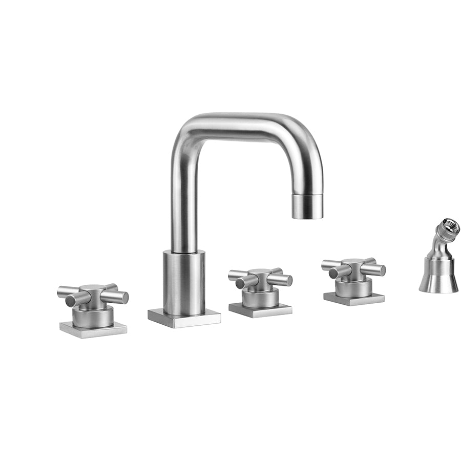 Contempo Downtown Roman Tub Set with Low Contempo Cross Handles - Square Escutcheons and Angled Handshower Holder in Multiple Finishes