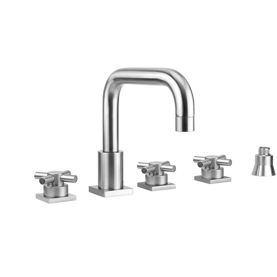 Contempo Downtown Roman Tub Set with Low Contempo Cross Handles - Square Escutcheons and Straight Handshower Holder in Multiple Finishes