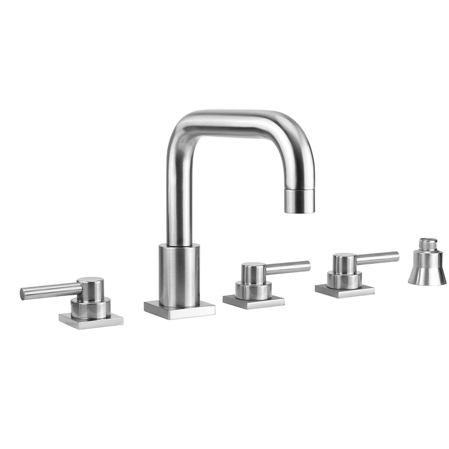 Contempo Downtown Roman Tub Set with Low Contempo Lever Handles - Square Escutcheons and Straight Handshower Holder in Multiple Finishes