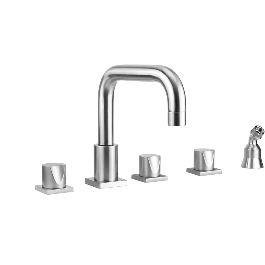 Contempo Downtown Roman Tub Set with Thumb Handles - Square Escutcheons and Angled Handshower Holder in Multiple Finishes