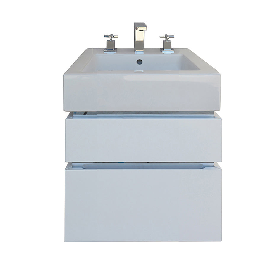 Wall-mount under-counter vanity with finger pulls, without polished steel accents, bothdrawers have U-shaped notch for plumbing. 17"W x 18 1/2"D x 24"H, for use with washbasin #5066A. - Maison&Co.