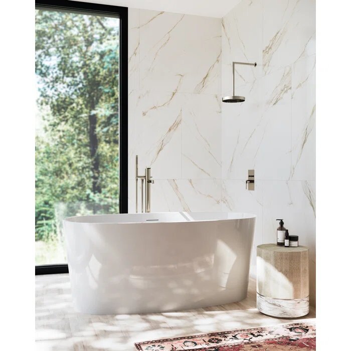 Mira 59" L x 30" W Freestanding White Glossy Soaking Solid Surface Bathtub