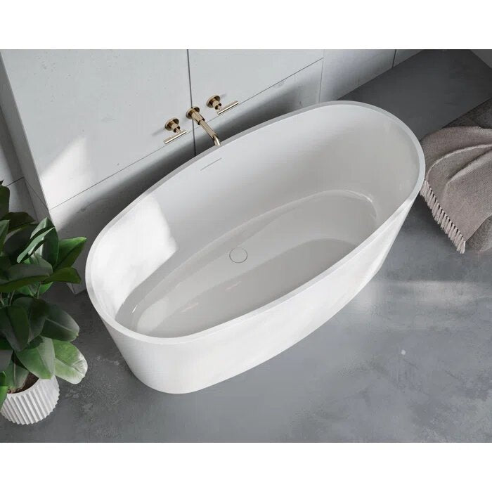 Mira 59" L x 30" W Freestanding White Glossy Soaking Solid Surface Bathtub