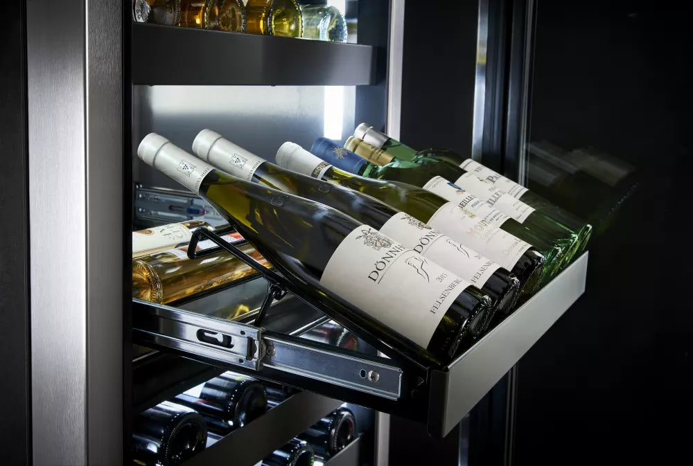 24 Inch Wine Reserve with 86 Bottle Capacity, Dual Temperature Zones, Convertible Display Shelf, Touch-Screen Controls, Glass Pane Ready and Theatre Lighting: Left Hinge