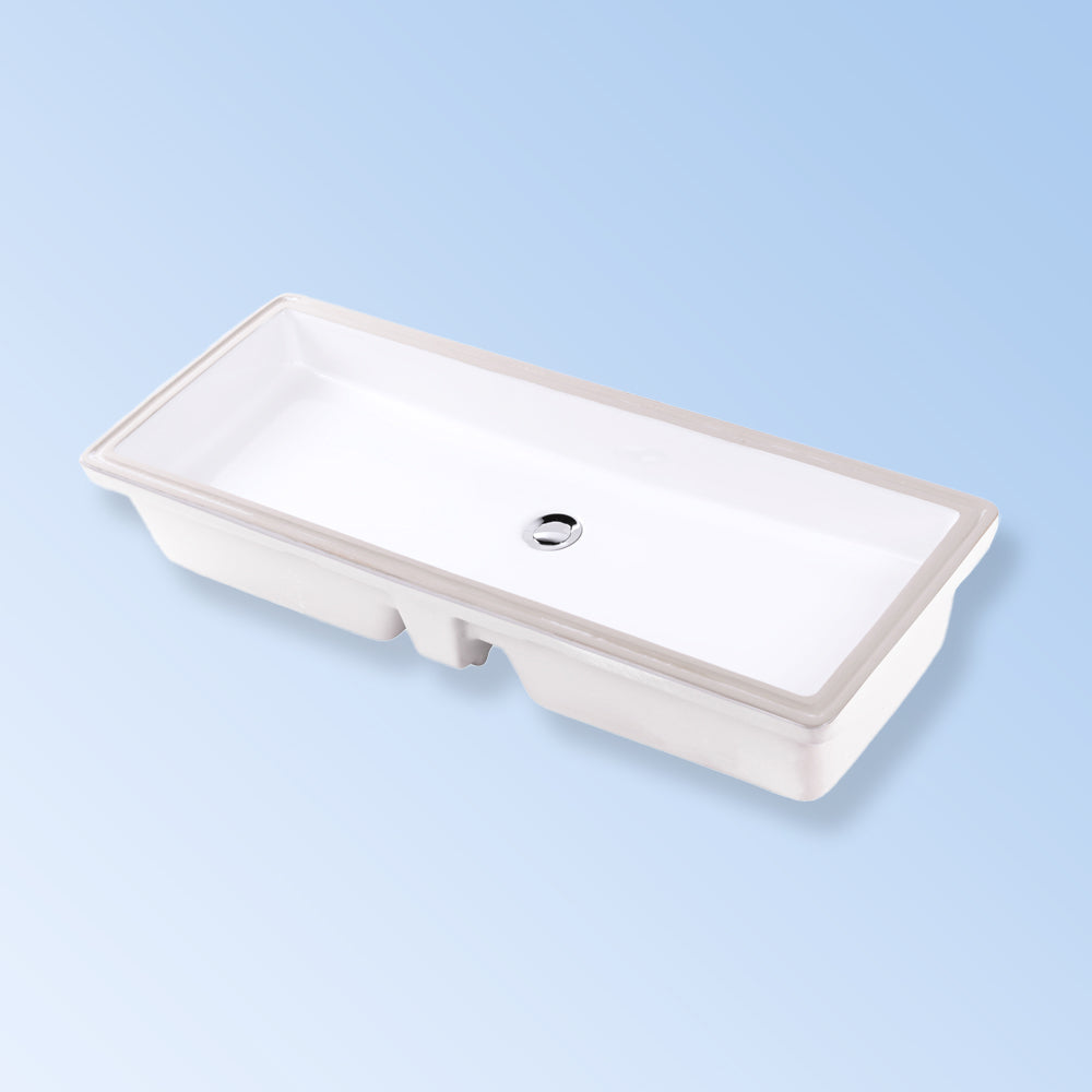 Under-counter porcelain Bathroom Sink with an overflow, unglazed exteri. 35 1/2"W, 13 7/8"D, 6"H - Maison&Co.