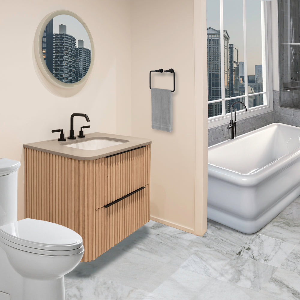 Wall-mount under-counter vanity with rounded corners, fluted detailing and two drawers. Countertop FLT-30T and sink H270 sold separately. Shipping class 4. W: 29-1/2", D: 21-3/4", H:22"