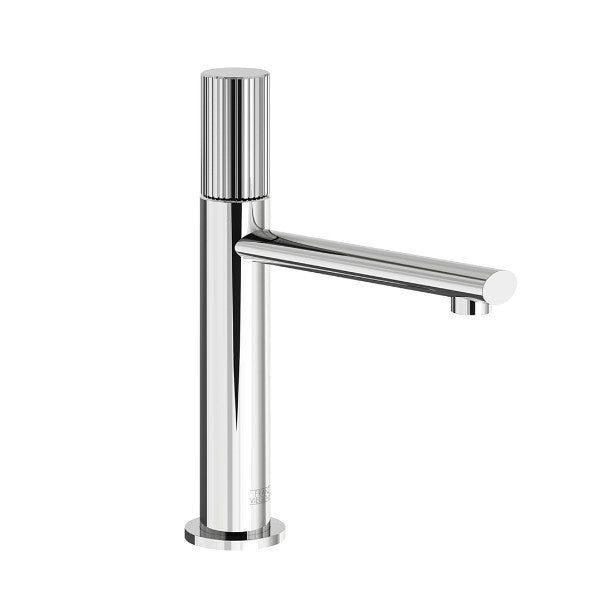 Franz Viegener - FV18101/59V-PC - Vessel Height, Single Handle Luxury Lavatory Set, Vertical Lines Cylinder Handle With Push-Down Pop-Up Drain Assembly (No Lift Rod) - Polished Chrome