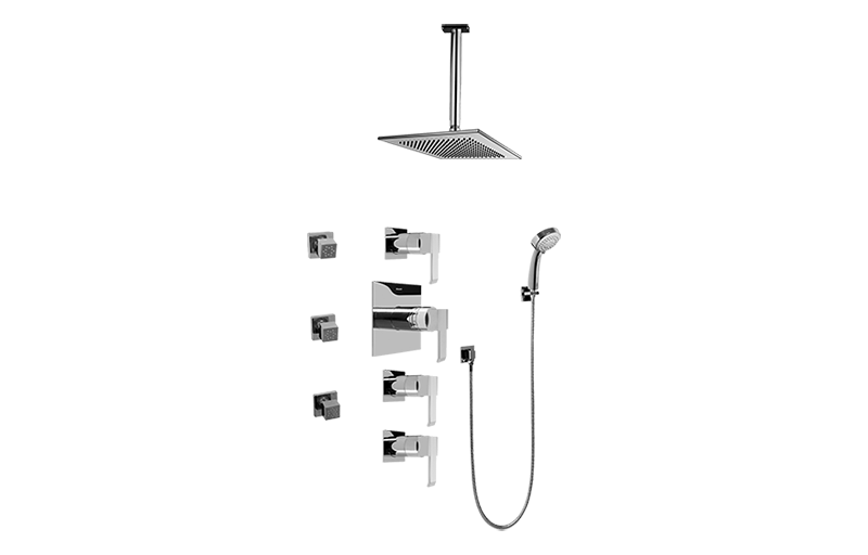 Qubic Contemporary Square Thermostatic Set w/Body Sprays & Handshower (Rough & Trim) in Multiple Finishes