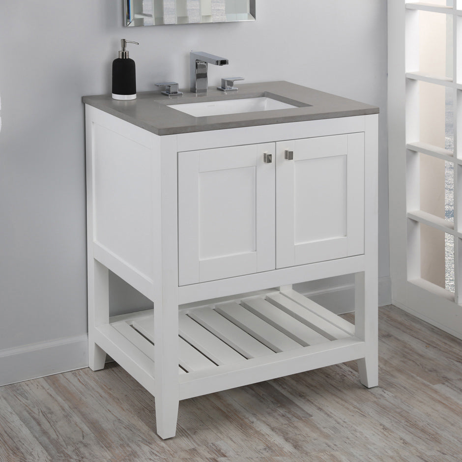 Free standing under-counter vanity with two doors(knobs included) and slotted shelf in wood. Under-mount sink 5452UN, stone countertop H282T are not included. W: 29 1/2", D: 20 3/4", H: 34 1/4".