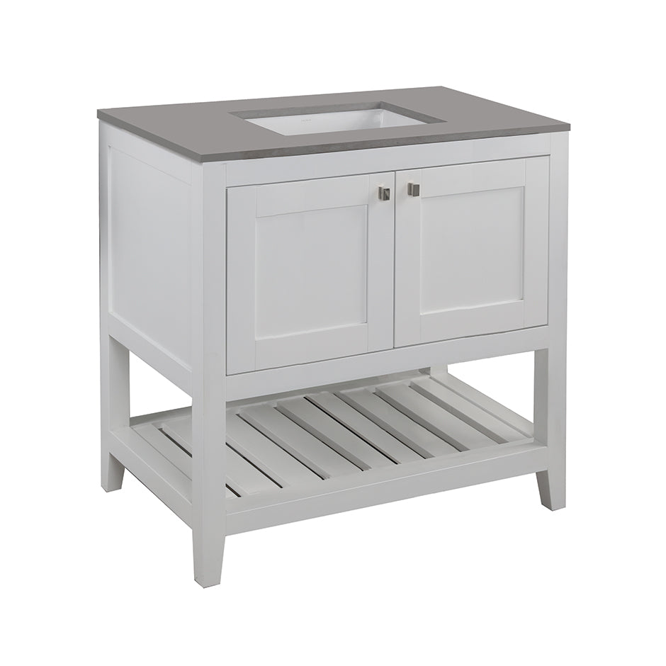 Free standing under-counter vanity with two doors(knobs included) and slotted shelf in wood. Under-mount sink 5452UN, stone countertop H283T are not included. W: 35 1/2", D: 20 3/4", H: 34 1/4".