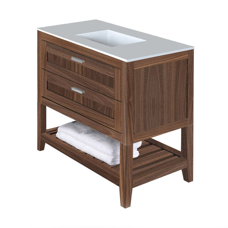 Free standing under-counter vanity with two drawers(knobs included) and slotted shelf in wood. Under-mount sink 5452UN, stone countertop H283T are not included. W: 35 1/2", D: 20 3/4", H: 34 1/4".
