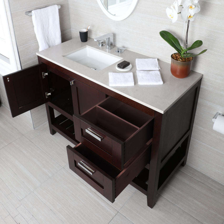Free standing under-counter vanity with two doors(knobs included) on right, two drawers(knobs included) on left and slotted shelf in wood. Under-mount sink 5452UN, stone countertop H283RT are not included. W: 35 1/2", D: 20 3/4", H: 34 1/4".
