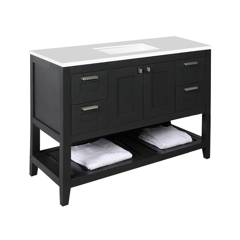 Free standing under-counter vanity with two doors(knobs included) on center, two drawers(knobs included) on both sides and slotted shelf in wood. Under-mount sink 5452UN, stone countertop H284T are not included. W: 47 1/2", 20 3/4", H: 34 1/4".
