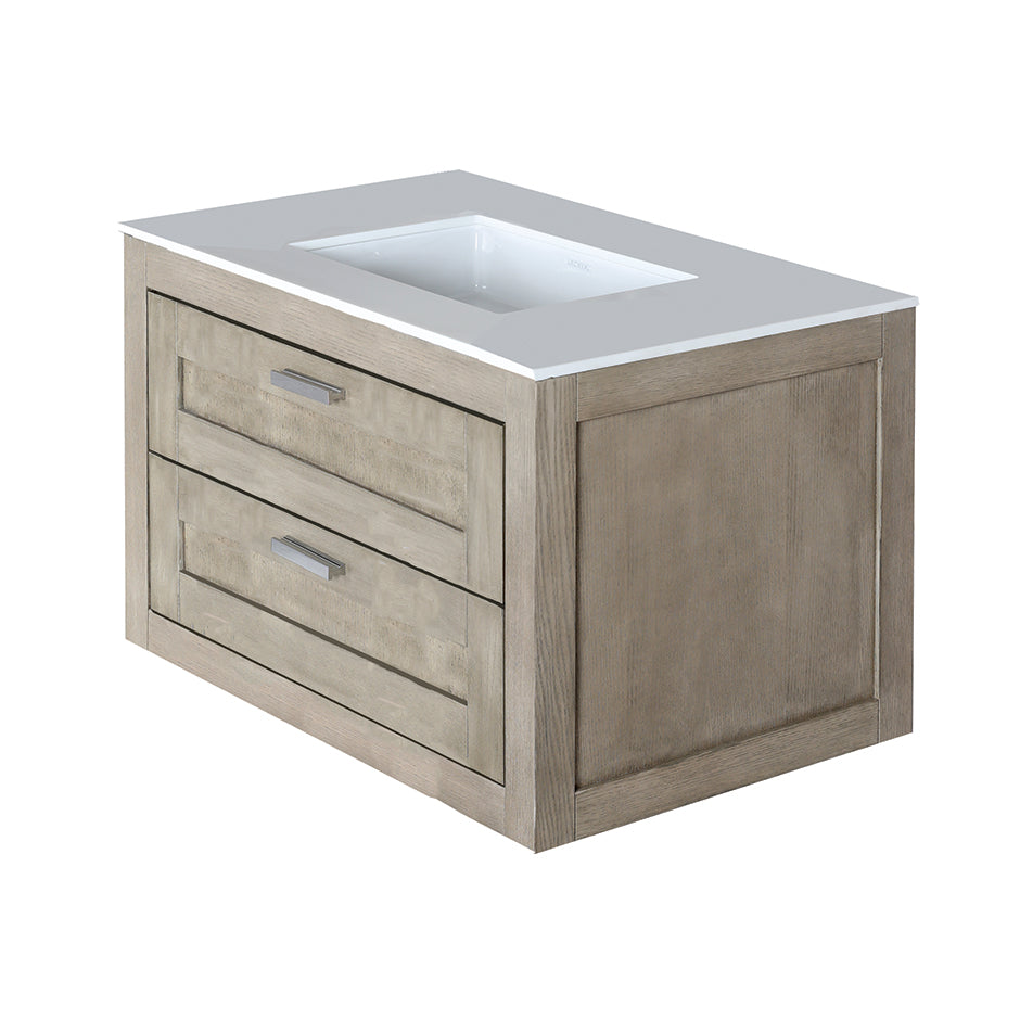 Wall-mount under-counter vanity with two drawers (knobs included). Under-mount sink 5452UN, stone countertop H282T are not included. W:29 1/2", D: 20 3/4", H:19 3/8".