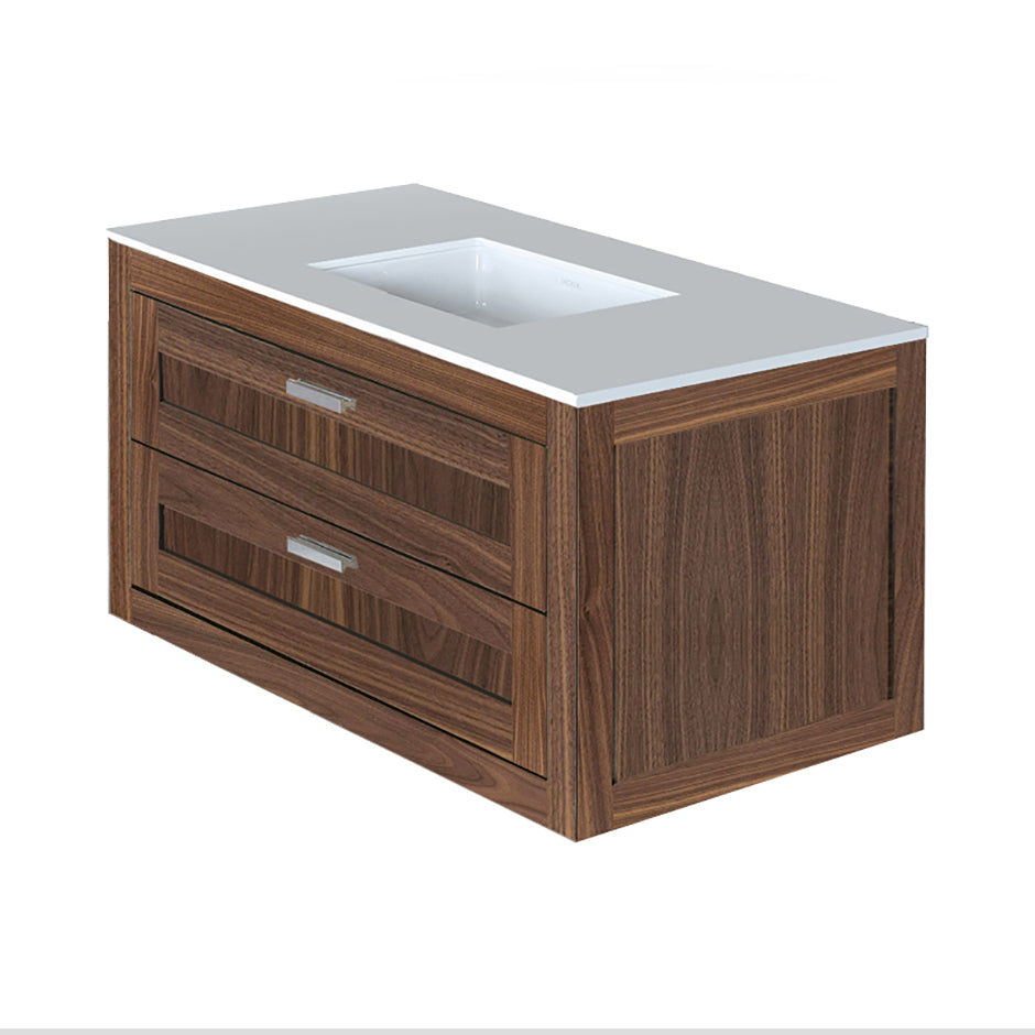 Wall-mount under-counter vanity with two drawers (knobs included). Under-mount sink 5452UN, stone countertop H283T are not included. W:35 1/2", D: 20 3/4", H:19 3/8".