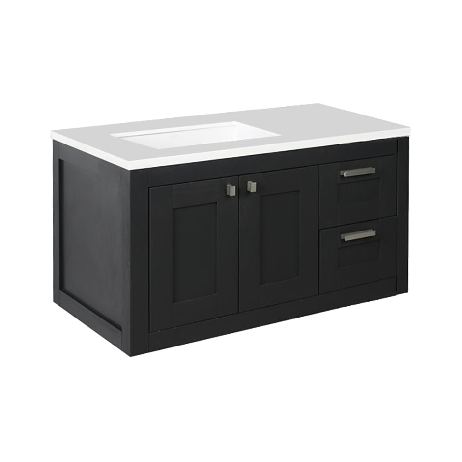 Wall-mount under-counter vanity with two doors on the left and two drawers on the right. knobs and pulls included. Under-mount sink 5452UN and countertop H283LT are sold separately. W: 35 1/2", D: 20 3/4", H:19 3/8".