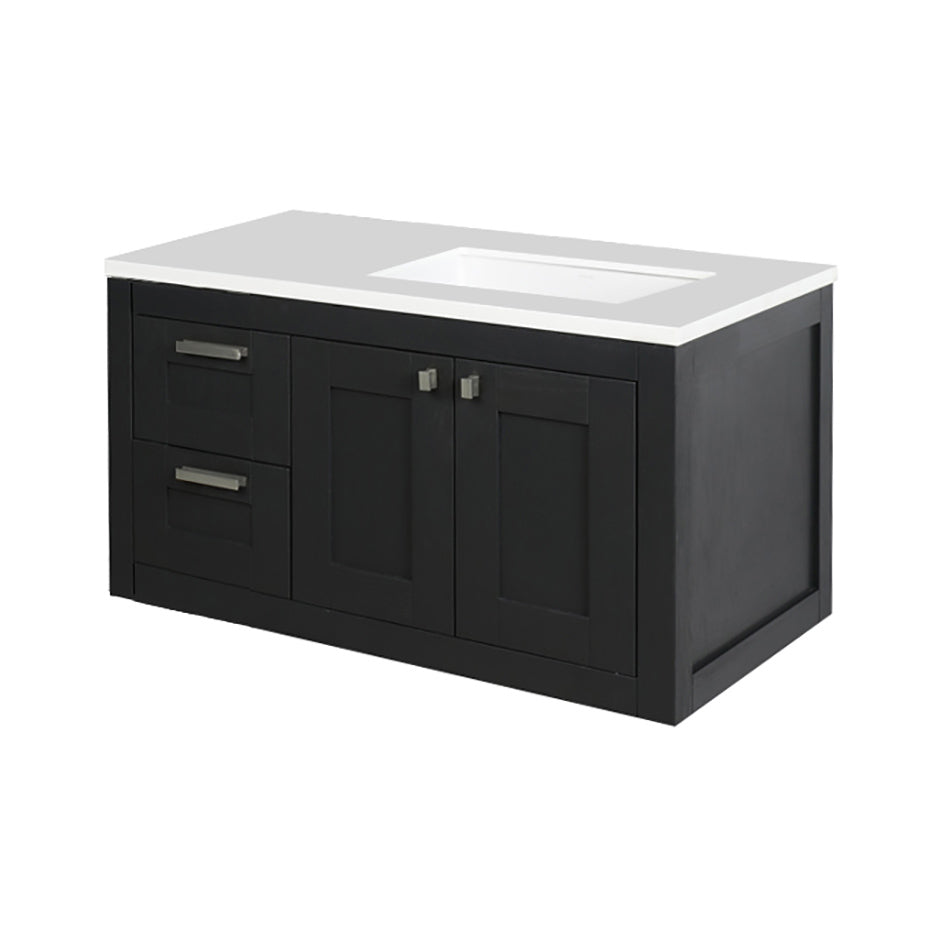 Wall-mount under-counter vanity with two drawers on the left and two doors on the right. knobs and pulls included. Under-mount sink 5452UN and countertop H283LT are sold separately. W: 35 1/2", D: 20 3/4", H:19 3/8".