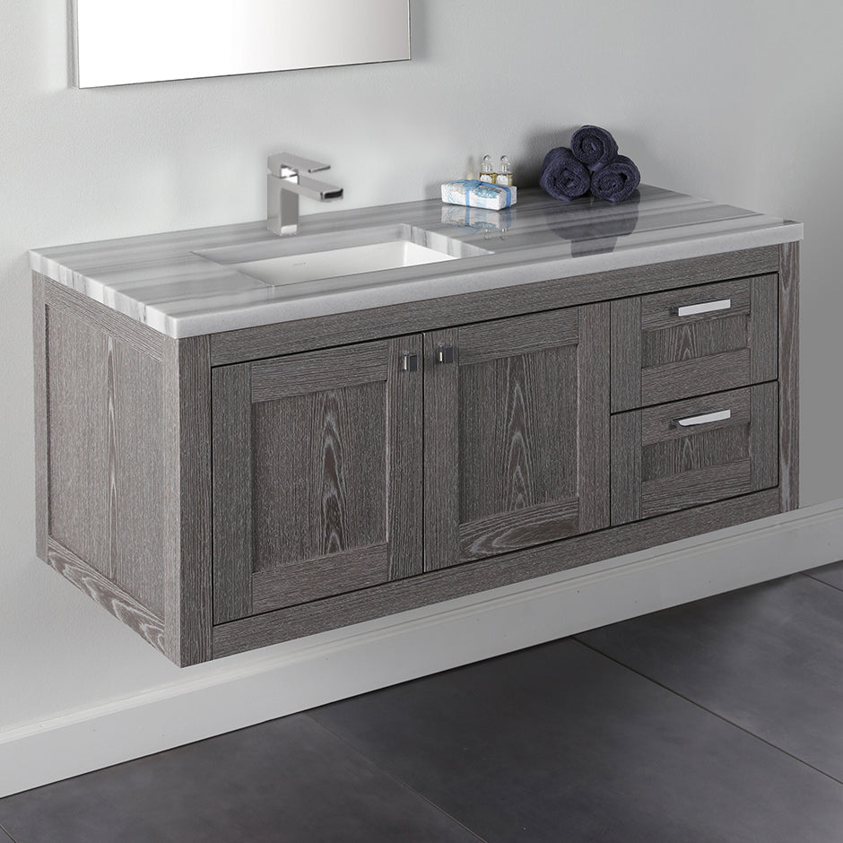 Wall-mount under-counter vanity with two doors on the left and two drawers on the right. knobs and pulls included. Under-mount sink 5452UN and countertop H284LT are sold separately. W: 47 /2', D: 20 3/4", H: 19 3/8".
