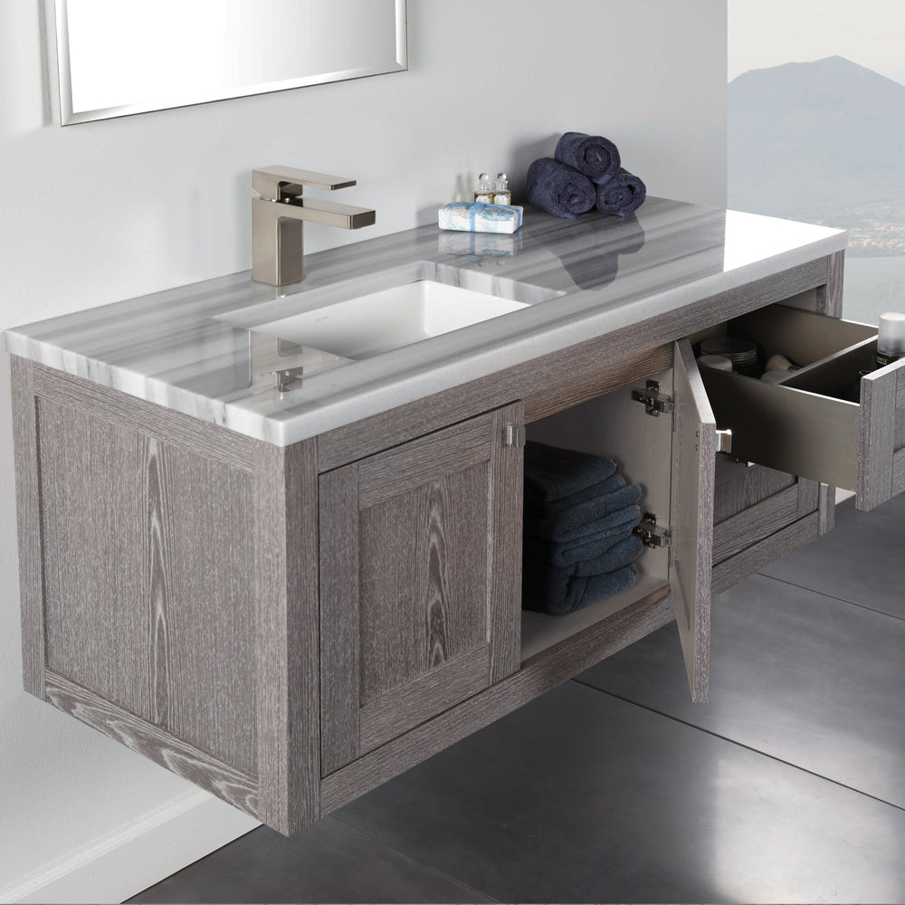 Wall-mount under-counter vanity with two drawers on the left and two doors on the right. knobs and pulls included. Under-mount sink 5452UN and countertop H284LT are sold separately. W: 47 /2', D: 20 3/4", H: 19 3/8".