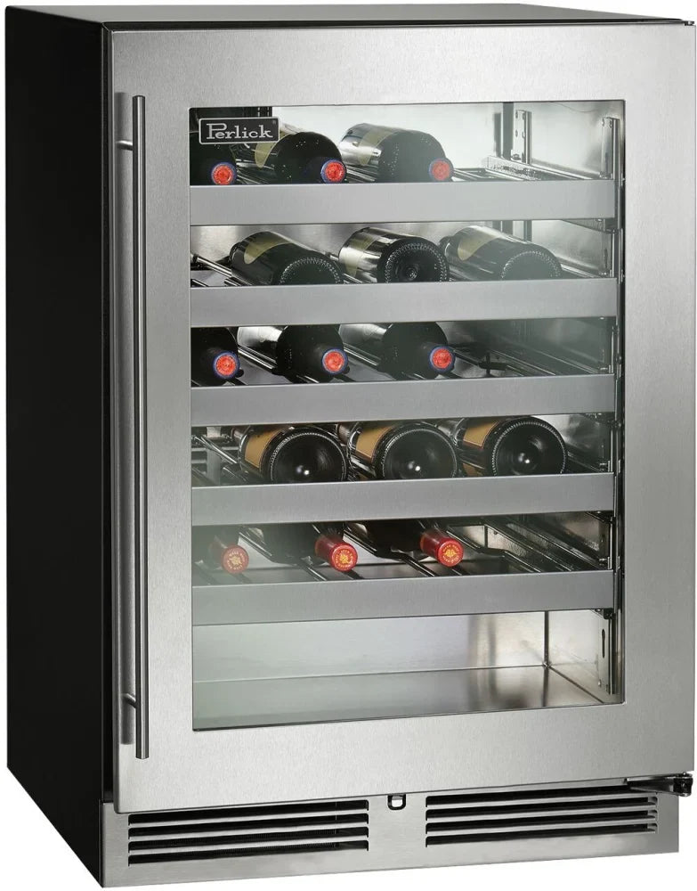 24 Inch Undercounter Wine Reserve with 32 Bottle Capacity, Full Extension Shelves, LED Light, Digital Thermostat, Door Alarm, UL Listed, and ADA Compliant: Panel Ready Glass Door, Left Hinge Door Swing
