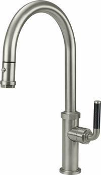 California Faucets - K30-100-FL-SN - Pull-Down Kitchen Faucet with Button Sprayer  - High Arc Spout - Satin Nickel  - Descanso