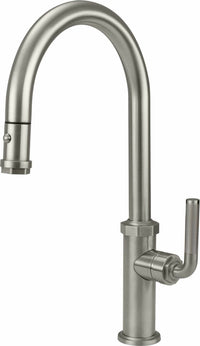 California Faucets - K30-100-KL-SN - Pull-Down Kitchen Faucet with Button Sprayer  - High Arc Spout - Satin Nickel  - Descanso