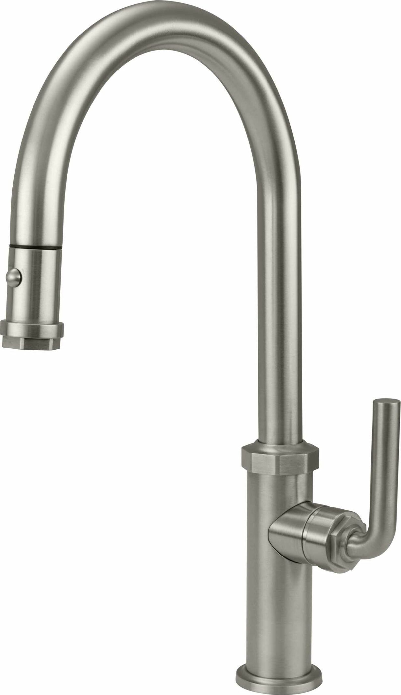 California Faucets - K30-100-SL-SN - Pull-Down Kitchen Faucet with Button Sprayer  - High Arc Spout - Satin Nickel  - Descanso