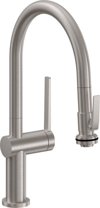 California Faucets - K55-102SQ-TG-SN - Pull-Down Kitchen Faucet with Squeeze Sprayer  - Low Arc Spout - Satin Nickel  - La Spezia