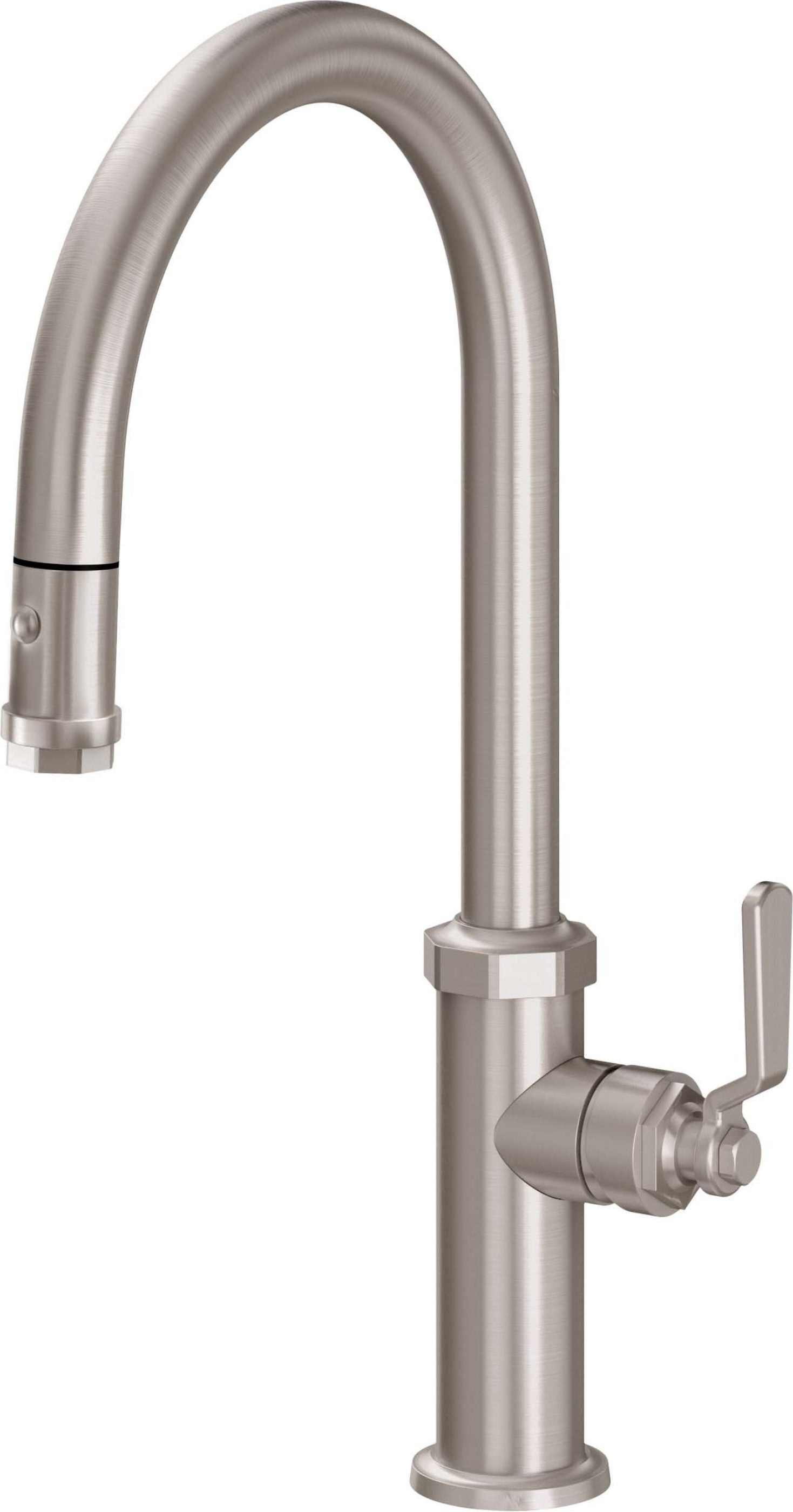 California Faucets - K81-100-BL-SN - Pull-Down Kitchen Faucet with Button Sprayer  - High Arc Spout - Satin Nickel  - Descanso Works