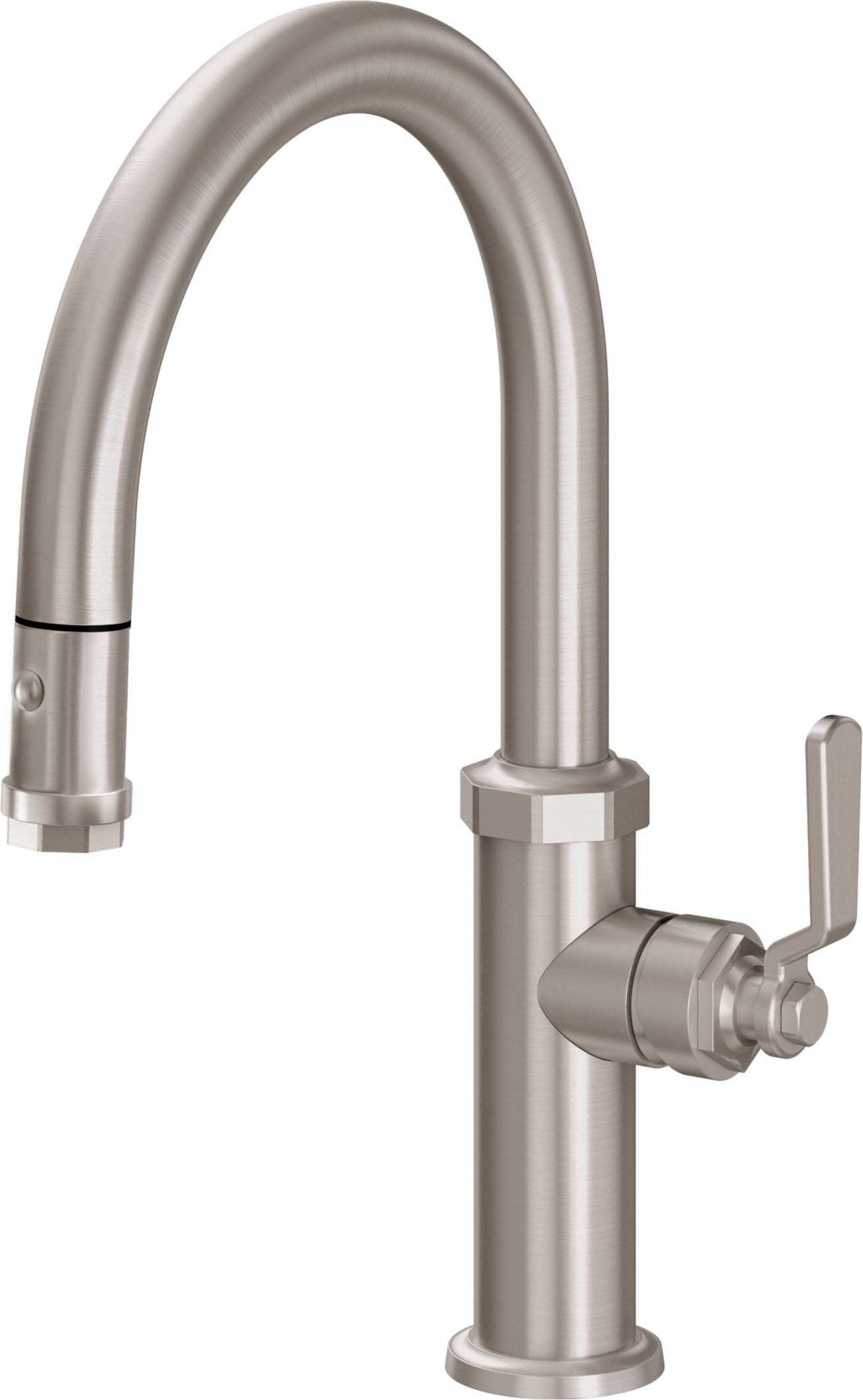 California Faucets - K81-102-BL-SN - Pull-Down Kitchen Faucet with Button Sprayer  - Low Arc Spout - Satin Nickel  - Descanso Works