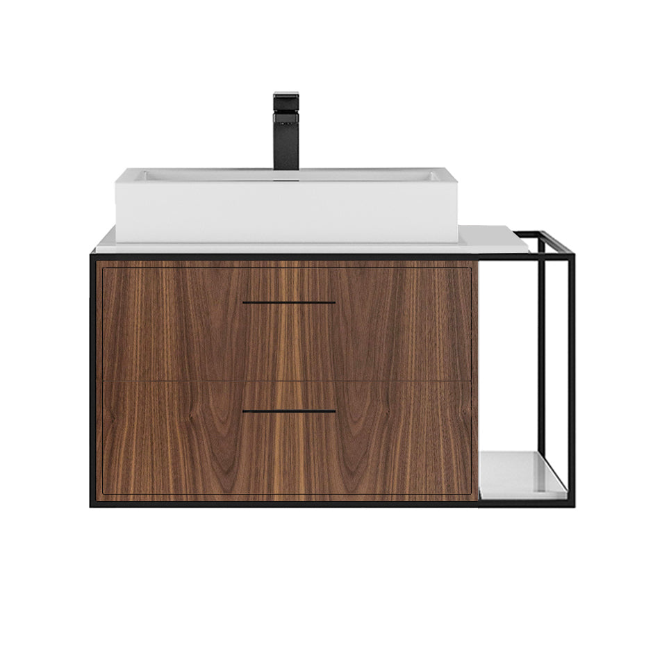 Cabinet of wall-mount under-counter vanity LIN-VS-30L  with sink on the left,  two drawers (pulls included), metal frame,  solid surface countertop and shelf. W: 23", D: 21", H: 15".