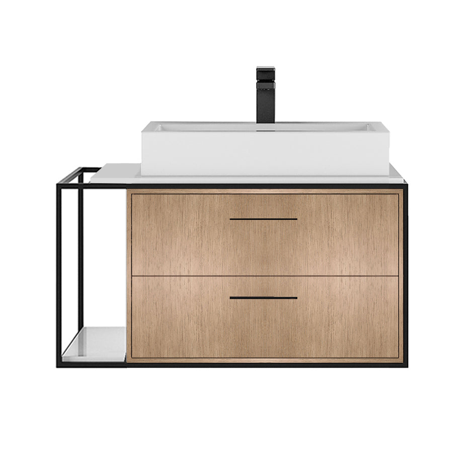 Cabinet of wall-mount under-counter vanity LIN-VS-30R  with sink on the right,  two drawers (pulls included), metal frame,  solid surface countertop and shelf. W: 23", D: 21", H: 15".