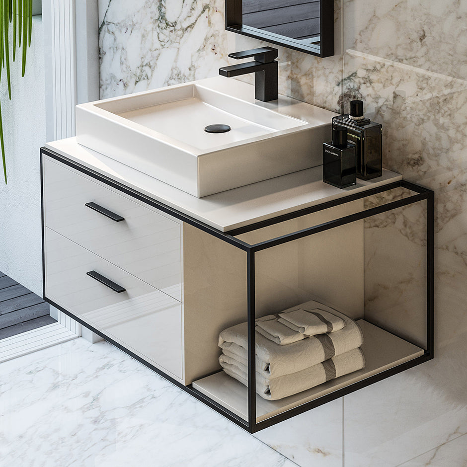 Cabinet of wall-mount under-counter vanity LIN-VS-36L  with sink on the left,  two drawers (pulls included), metal frame,  solid surface countertop and shelf. W: 26", D: 21", H: 15".