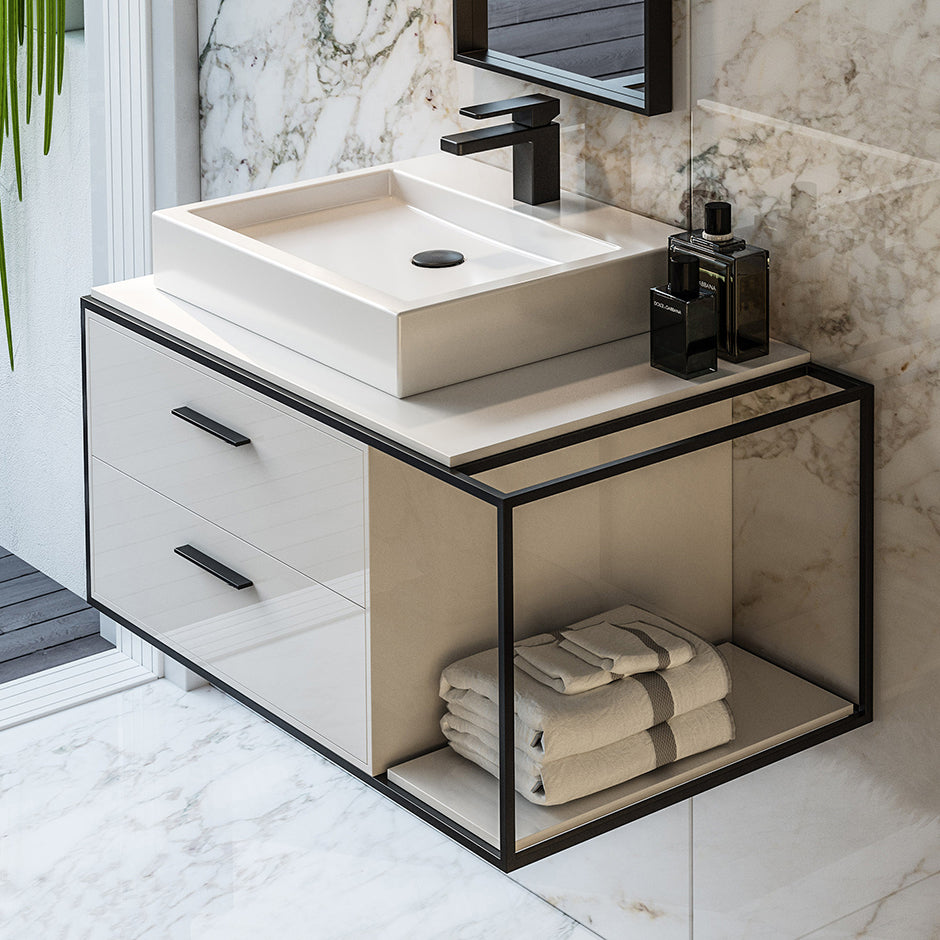 Cabinet of wall-mount under-counter vanity LIN-VS-36L  with sink on the left,  two drawers (pulls included), metal frame,  solid surface countertop and shelf. W: 26", D: 21", H: 15". - Maison&Co.