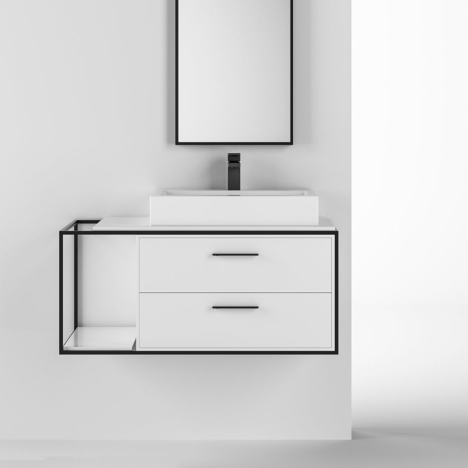 Cabinet of wall-mount under-counter vanity LIN-VS-36R  with sink on the right,  two drawers (pulls included), metal frame,  solid surface countertop and shelf. W: 26", D: 21", H: 15".