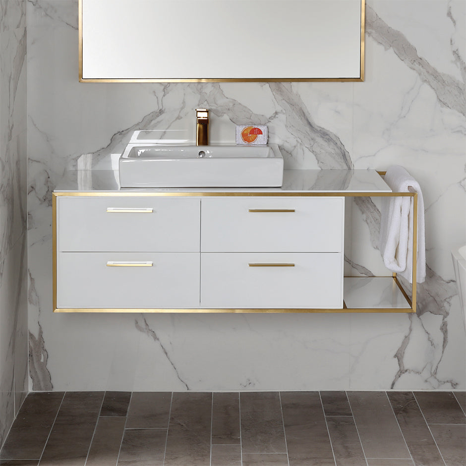 Cabinet of wall-mount under-counter vanity LIN-VS-48L  with four drawers (pulls included), metal frame,  solid surface countertop and shelf. W: 38", D: 21", H: 15".