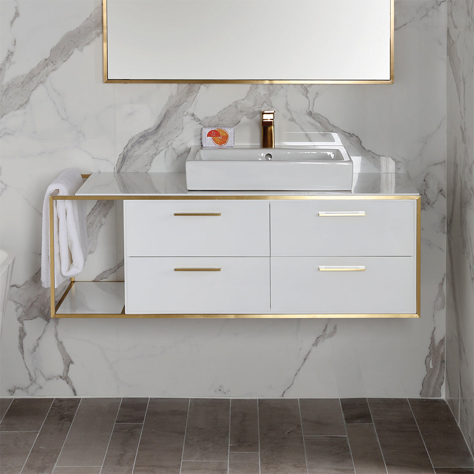 Cabinet of wall-mount under-counter vanity LIN-VS-48R  with four drawers (pulls included), metal frame,  solid surface countertop and shelf. W: 38", D: 21", H: 15".