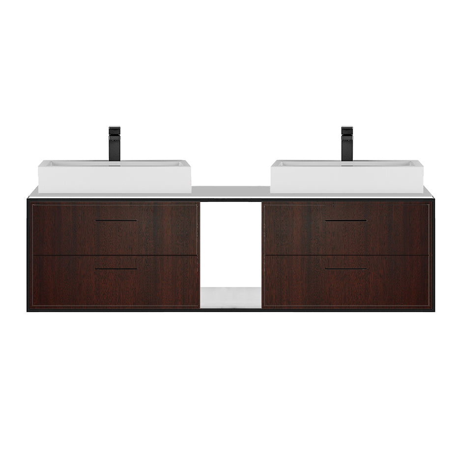 Cabinet of wall-mount under-counter vanity LIN-VS-60A with four drawers (pulls included), metal frame,  solid surface countertop and shelf. W: 59", D: 21", H: 15".